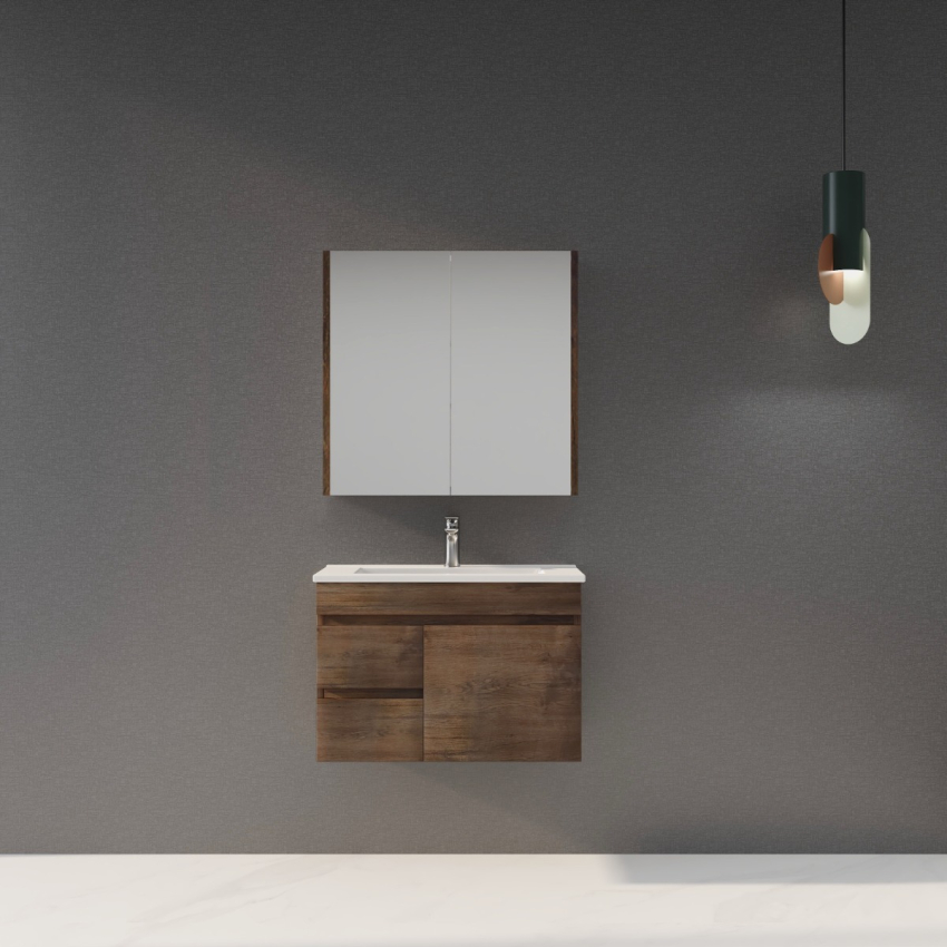 750mm Narrow Dark Oak MDF Bathroom Vanity Left Drawers Wall Hung Cabinet Only