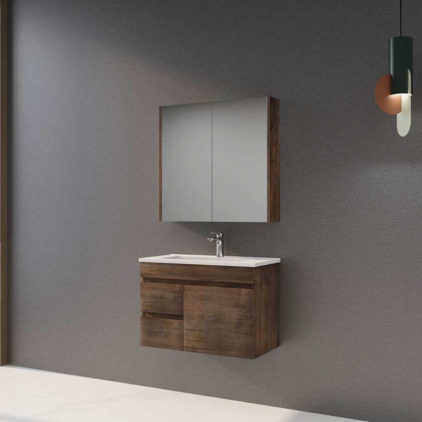 750mm Narrow Dark Oak MDF Bathroom Vanity Left Drawers Wall Hung Cabinet Only