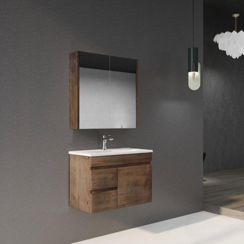 750mm Narrow Dark Oak MDF Bathroom Vanity Left Drawers Wall Hung Cabinet Only