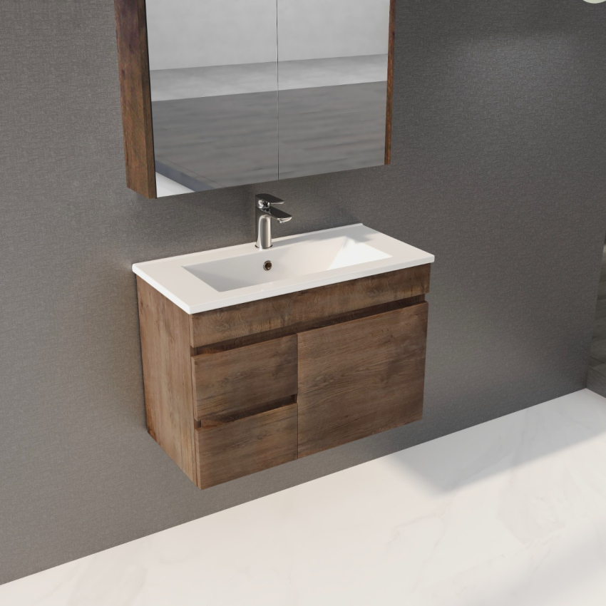 750mm Narrow Dark Oak MDF Bathroom Vanity Left Drawers Wall Hung Cabinet Only