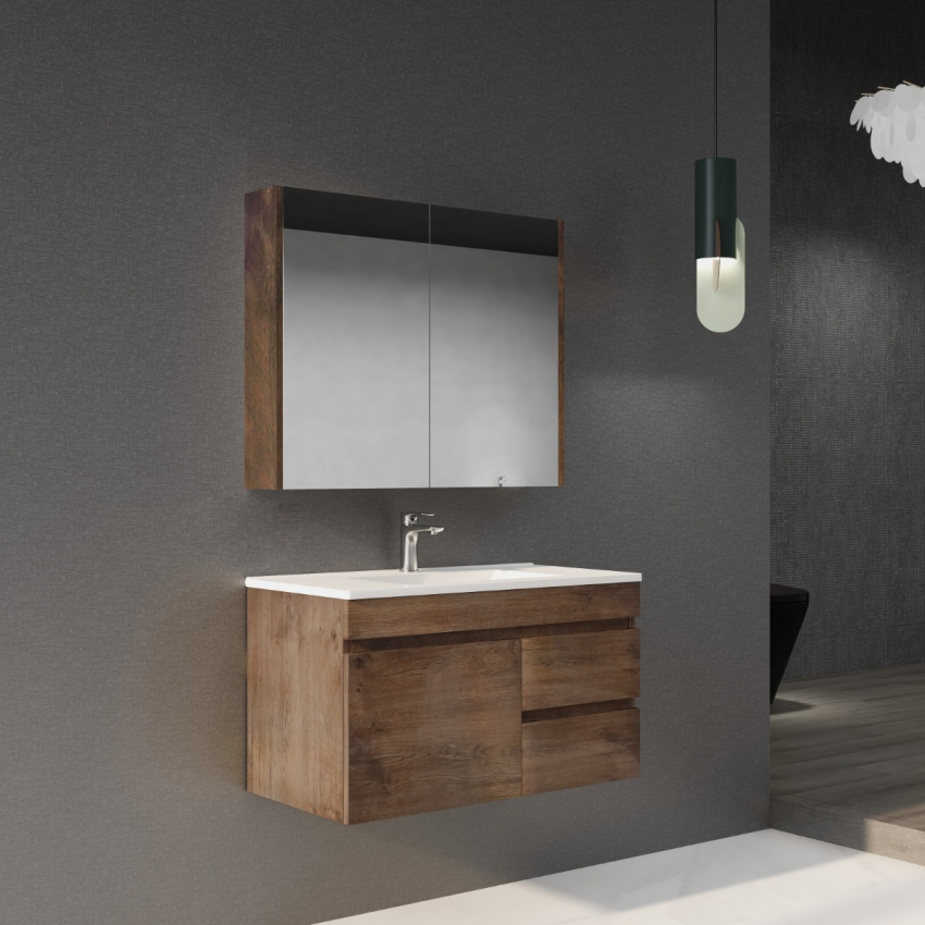 900mm Dark Oak MDF Bathroom Floating Vanity Right Drawers Wall Hung Cabinet Only