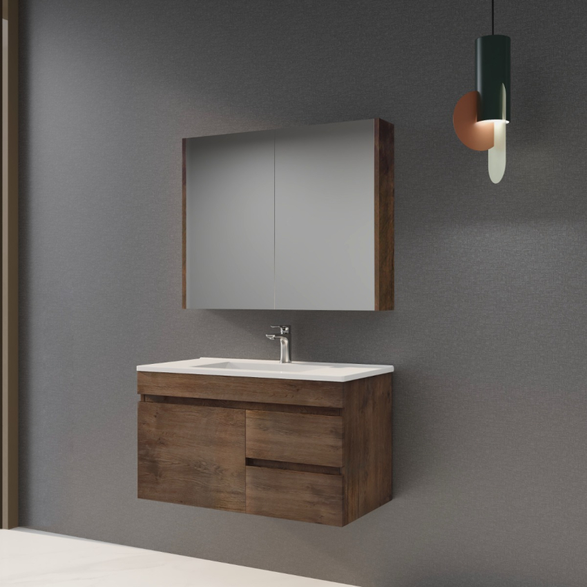 900mm Dark Oak MDF Bathroom Floating Vanity Right Drawers Wall Hung Cabinet Only