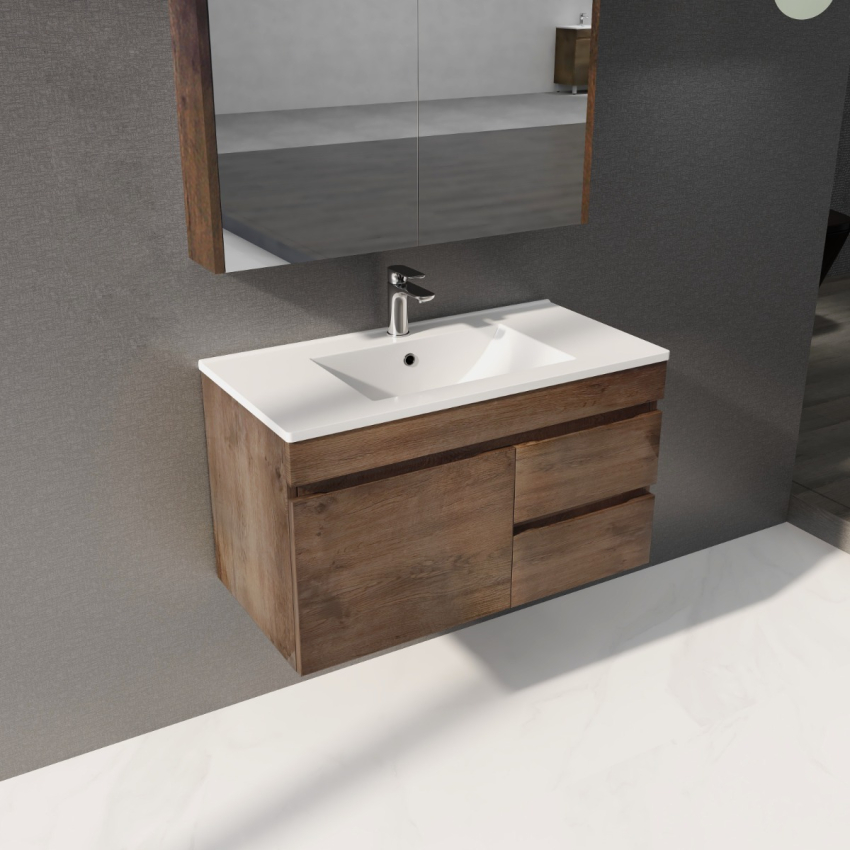 900mm Dark Oak MDF Bathroom Floating Vanity Right Drawers Wall Hung Cabinet Only