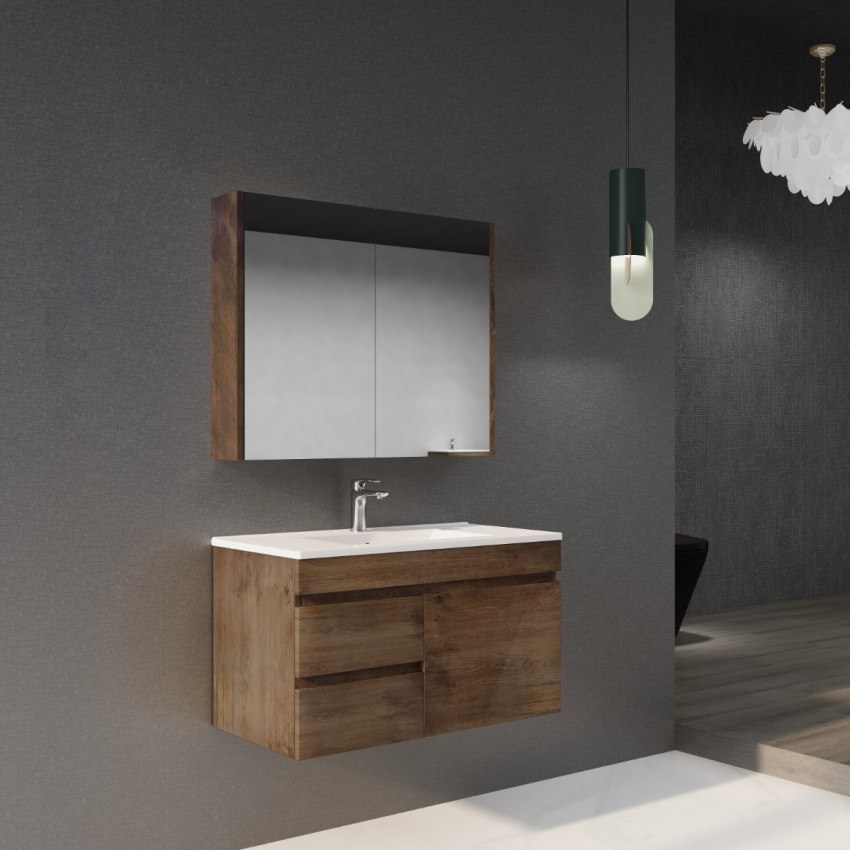 900mm Dark Oak MDF Bathroom Vanity Left Drawers Wall Hung Cabinet Only