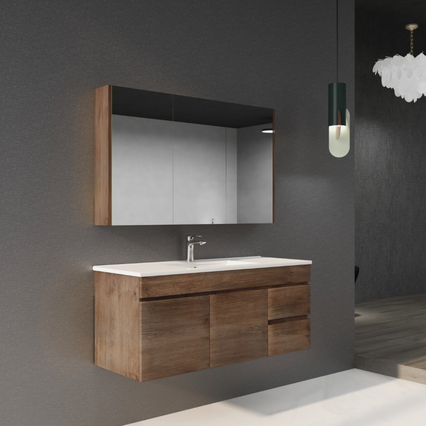 1200mm Dark Oak MDF Bathroom Vanity Right Drawers Wall Hung Cabinet Only