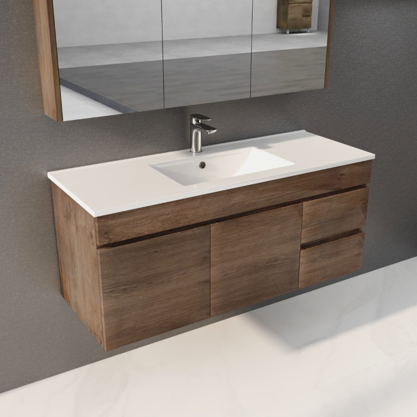 1200mm Dark Oak MDF Bathroom Vanity Right Drawers Wall Hung Cabinet Only