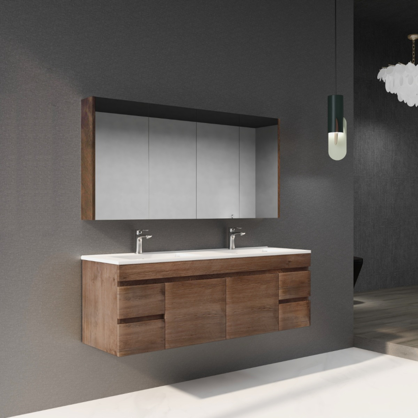1500mm Dark Oak MDF Bathroom Vanity 4 Side Drawers 2 Middle Doors Wall Hung Cabinet Only