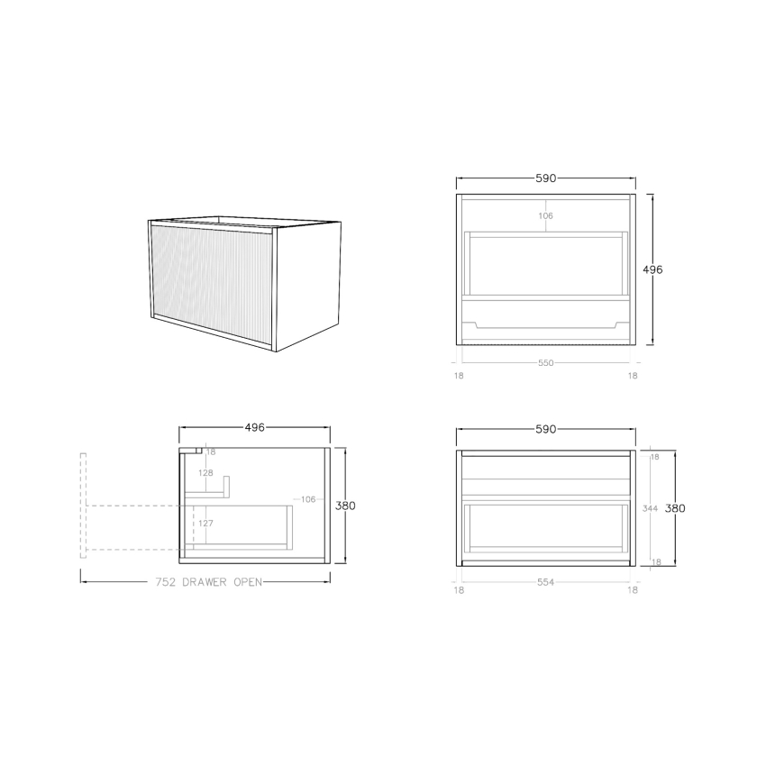 600mm Kiama Prime Oak 1 Drawer Fluted Wall Hung Vanity Cabinet Only