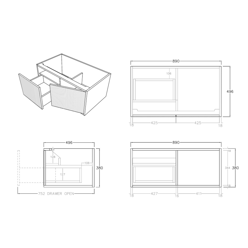 900mm Kiama Coastal Oak 1 Left Hand Drawer 1 Right Hand Door Fluted Wall Hung Vanity Cabinet Only