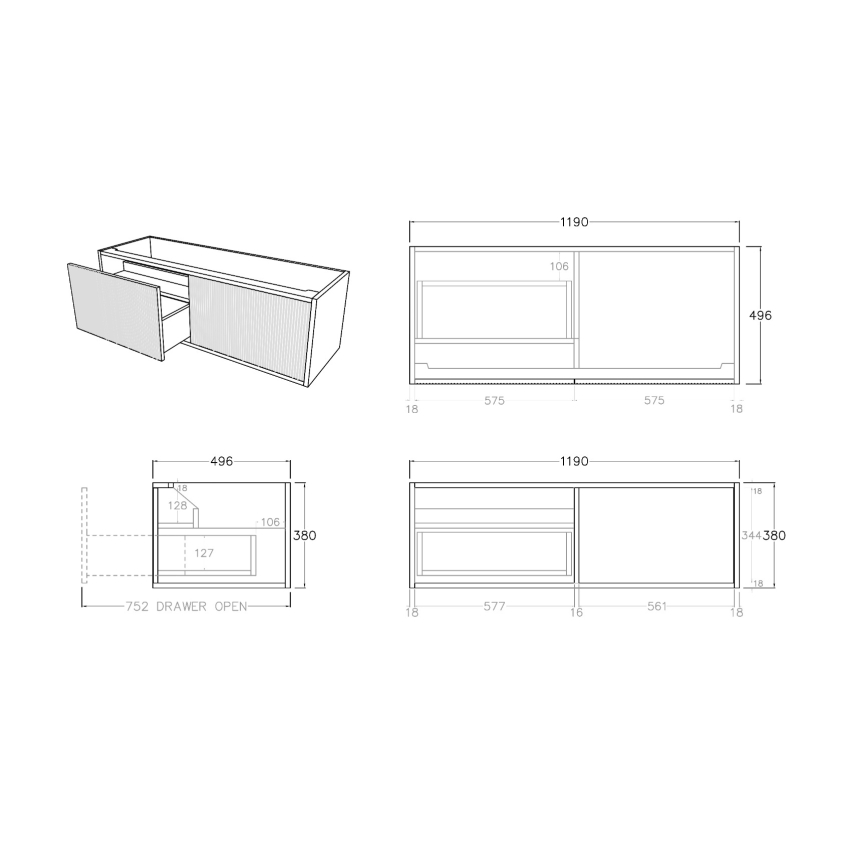 1200mm Kiama Coastal Oak 1 Left Hand Drawer 1 Right Hand Door Fluted Wall Hung Vanity Cabinet Only