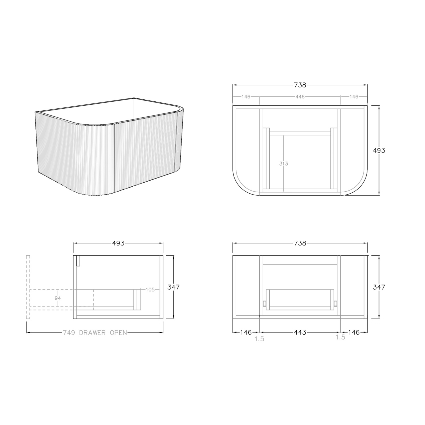 750mm Kiama Fluted Vanity Prime Oak 1 Drawer Curved Fluted Wall Hung Vanity Cabinet Only