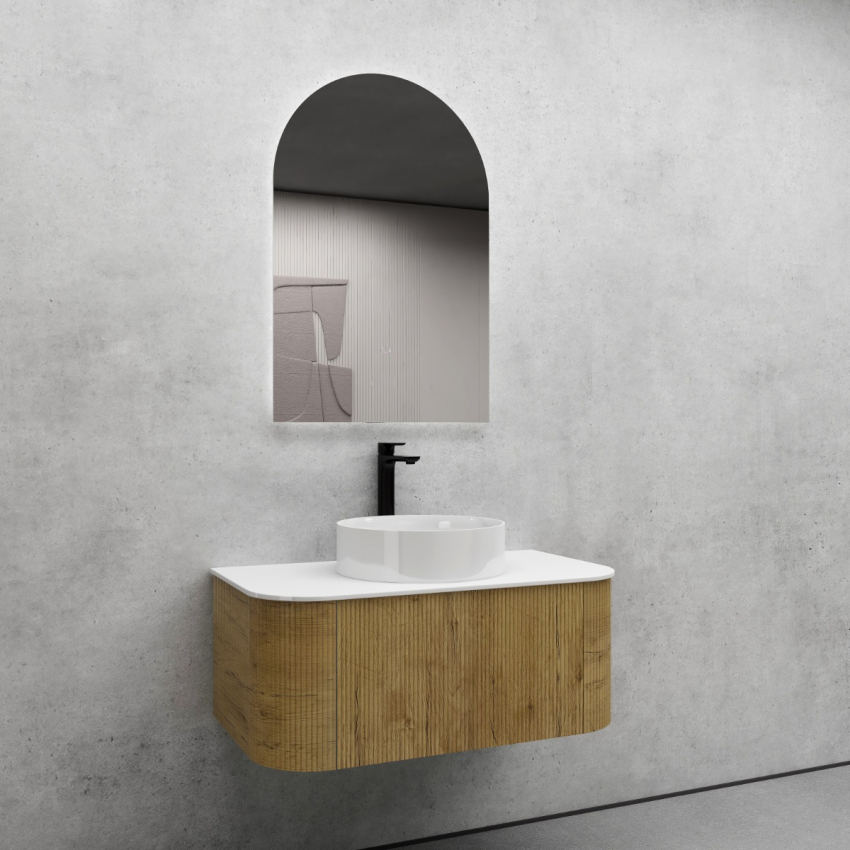 900mm Kiama Prime Oak 1 Drawer Curved Fluted Wall Hung Vanity Cabinet Only