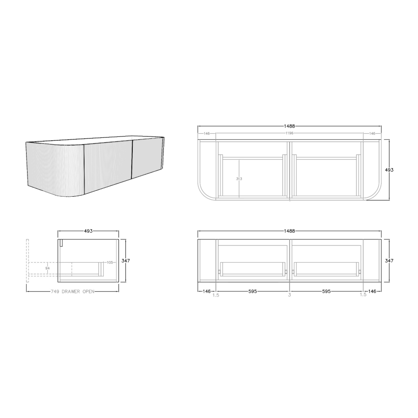 1500mm Kiama Prime Oak 2 Drawers Curved Fluted Wall Hung Vanity Cabinet Only
