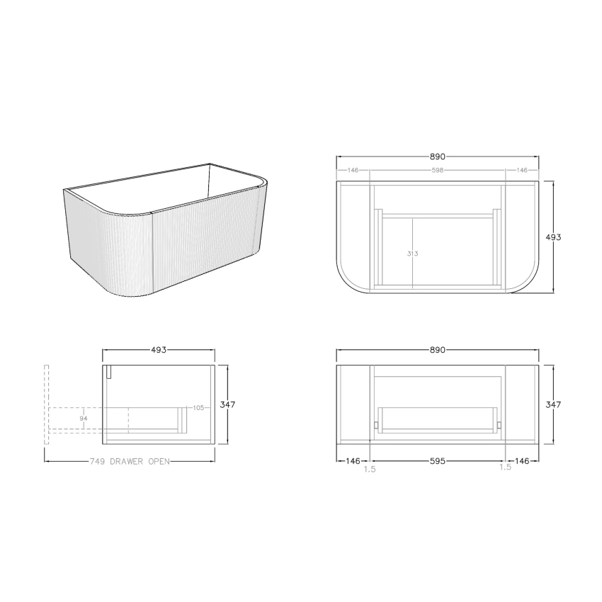 900mm Kiama Coastal Oak 1 Drawer Curved Fluted Wall Hung Vanity Cabinet Only