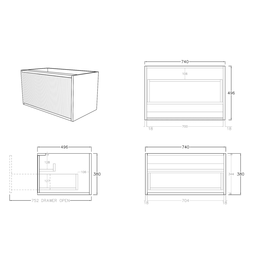 740mm Kiama  Bottega Oak 1 Drawer Fluted Wall Hung Vanity Cabinet Only