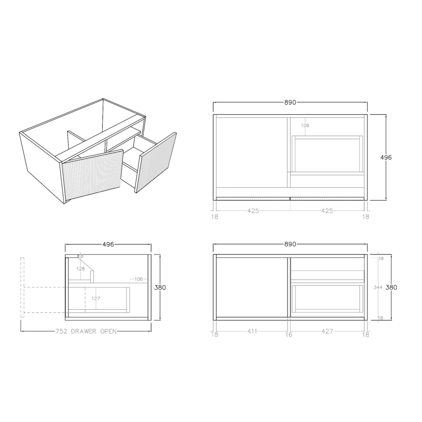 890mm Kiama Bottega Oak 1 Right Drawer 1 Left Door Fluted Wall Hung Vanity Cabinet Only
