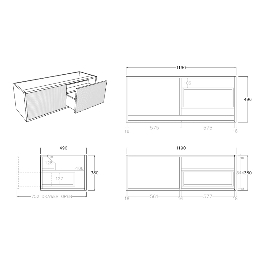 1190mm Kiama Bottega Oak 1 Right Drawer 1 Left Door Fluted Wall Hung Vanity Cabinet Only