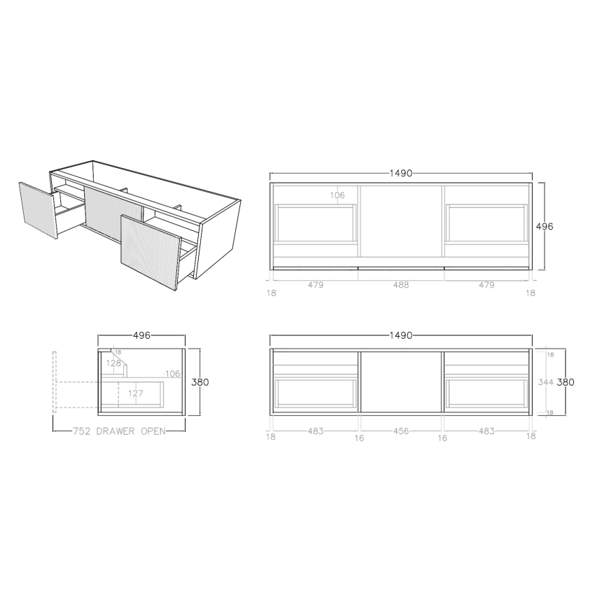 1490mm Kiama Bottega Oak 2S/DW 1M/DR Fluted Wall Hung Vanity Cabinet Only