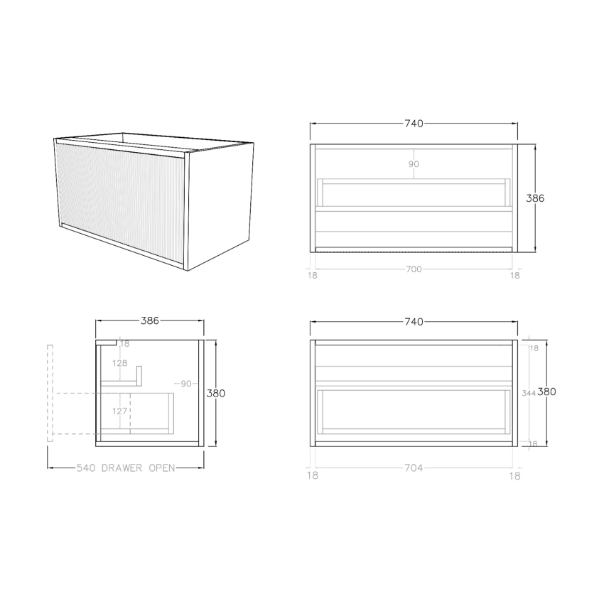 740mm Kiama Bottega Oak 1/DW Narrow Fluted Wall Hung Vanity Cabinet Only