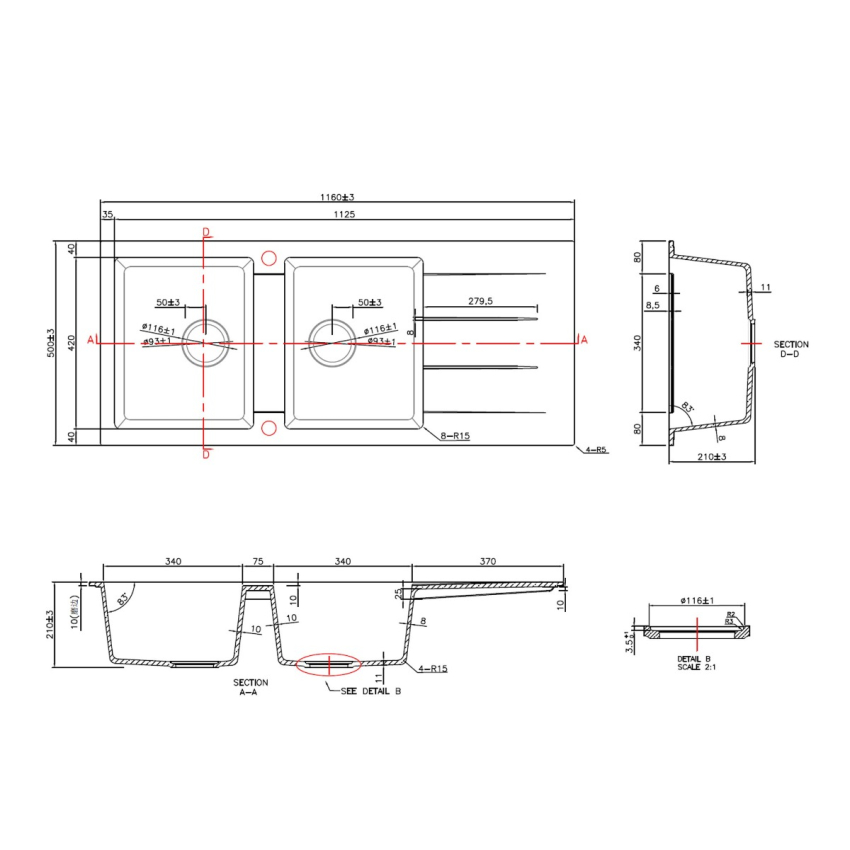 1160*500*210mm Cora Black Granite Sink Double Bowl With Drainer