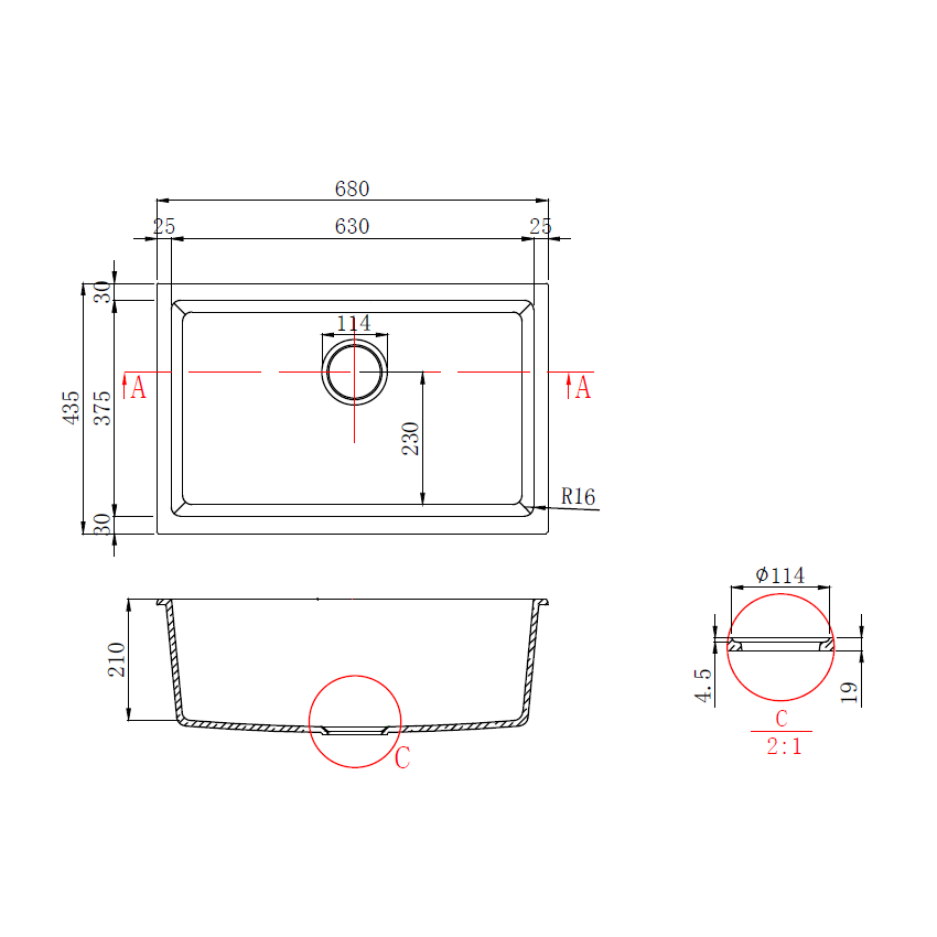 680*430*230mm Cora Black Undermount Granite Sink