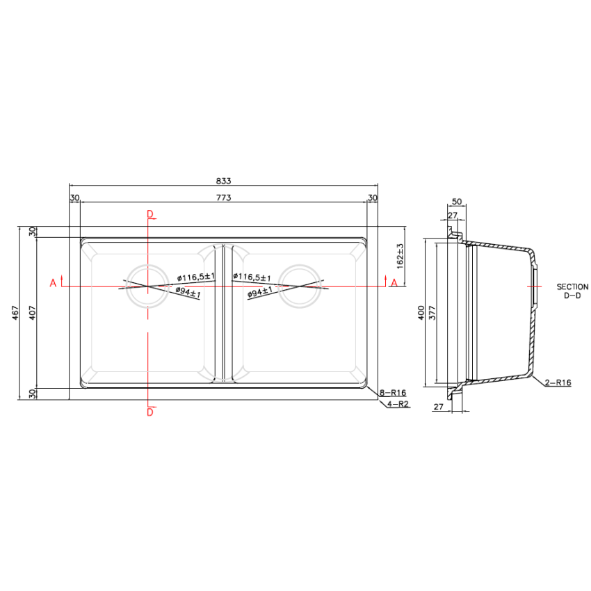 833*467*240mm Cora Black Undermount Double Bowl Granite Sink
