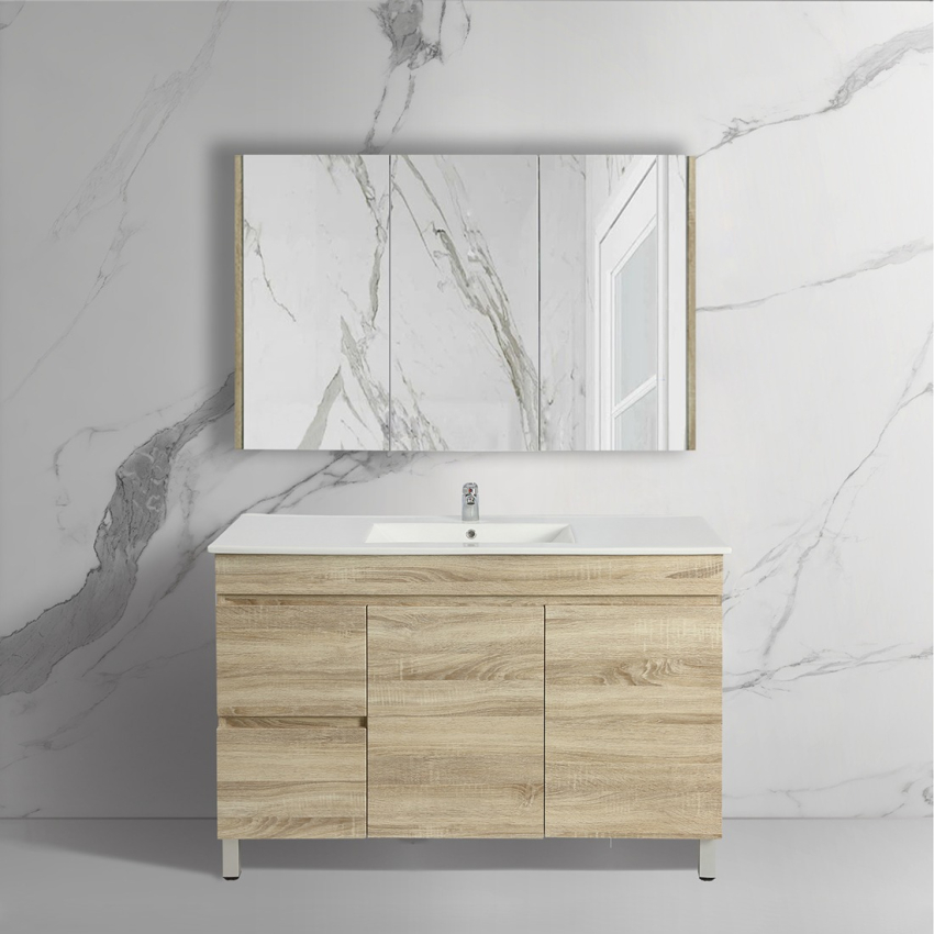1200mm White Oak Free Standing MDF Bathroom Vanity Left Drawers Cabinet Only
