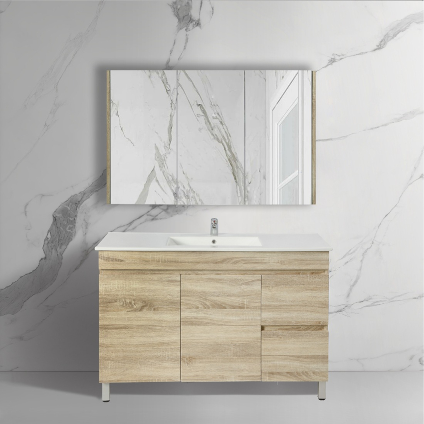 1200mm White Oak MDF Bathroom Vanity Right Drawers Free Standing Cabinet Only
