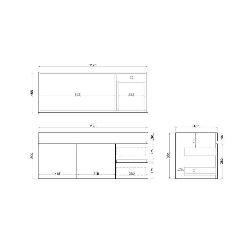 1200mm Dark Oak MDF Bathroom Vanity Right Drawers Wall Hung Cabinet Only