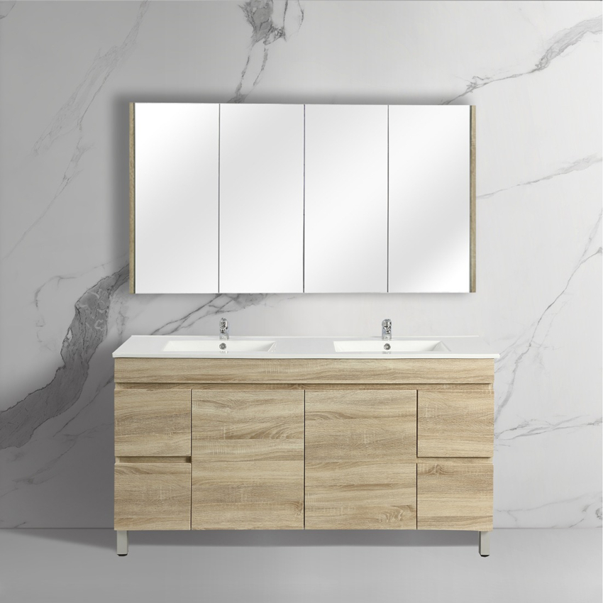 1500mm White Oak MDF Bathroom Vanity 4 Side Drawers 2 Middle Doors Free Standing Cabinet Only