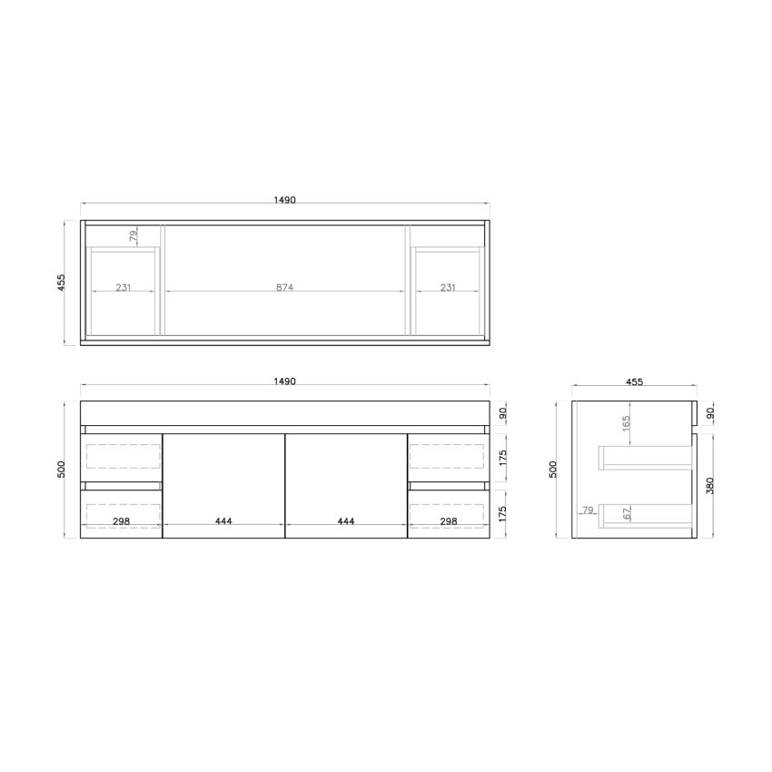 1500mm Dark Oak MDF Bathroom Vanity 4 Side Drawers 2 Middle Doors Wall Hung Cabinet Only