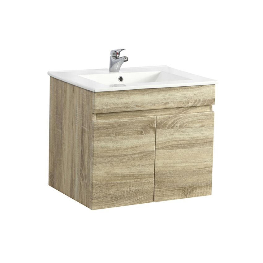 600mm Narrow White Oak MDF Bathroom Vanity 2 Doors Wall Hung Cabinet Only