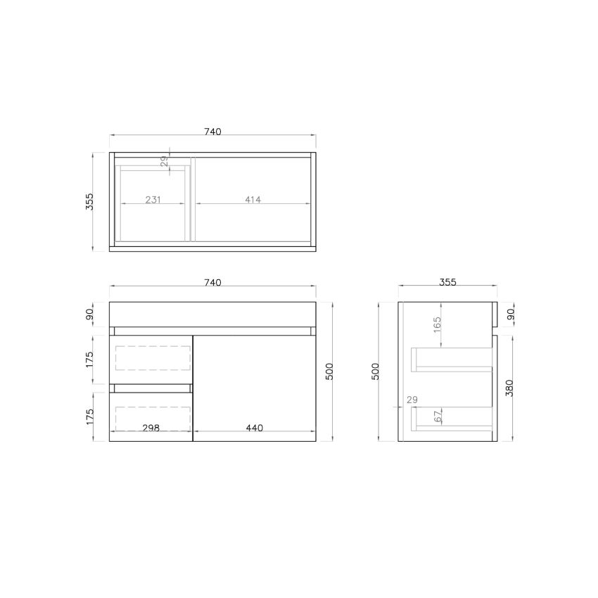 750mm Narrow Dark Oak MDF Bathroom Vanity Left Drawers Wall Hung Cabinet Only