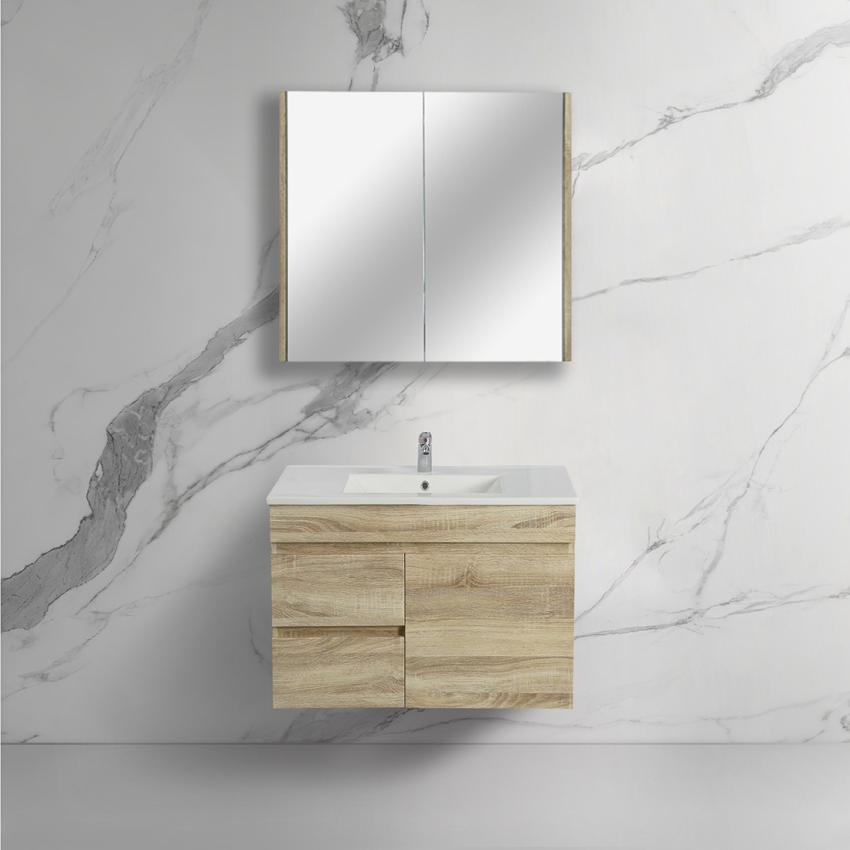 750mm Narrow White Oak MDF Bathroom Vanity Left Drawers Wall Hung Cabinet Only