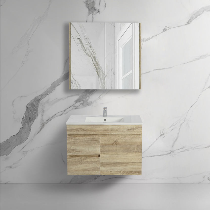 750mm Narrow White Oak MDF Bathroom Vanity Left Drawers Wall Hung Cabinet Only