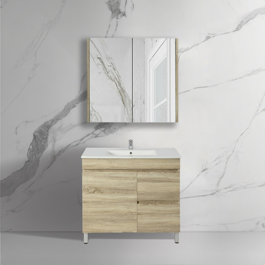 750mm Narrow White Oak MDF Bathroom Vanity Right Drawers Free Standing Cabinet Only