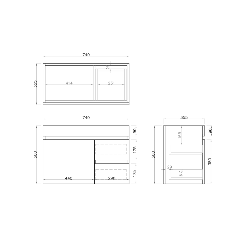 750mm Narrow Dark Grey MDF Bathroom Vanity Right Drawers Wall Hung Cabinet Only