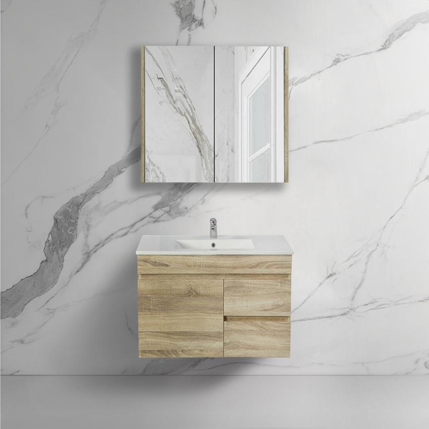 750mm Narrow White Oak MDF Bathroom Vanity Right Drawers Wall Hung Cabinet Only