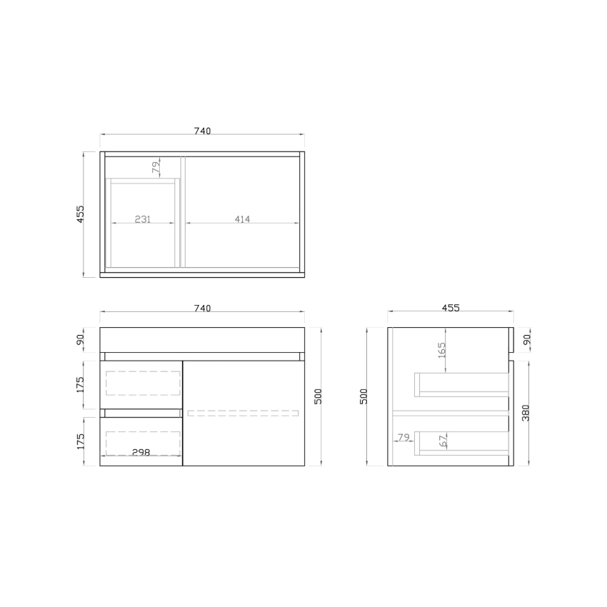 750mm Dark Oak MDF Bathroom Vanity Left Drawers Wall Hung Cabinet Only
