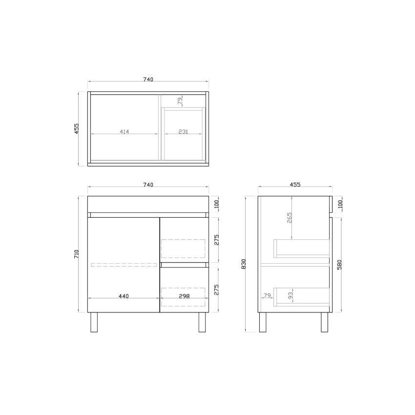 750mm Dark Oak MDF Bathroom Vanity Right Drawers Free Standing Cabinet Only