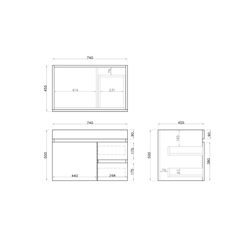 750mm Dark Oak MDF Bathroom Vanity Right Drawers Wall Hung Cabinet Only