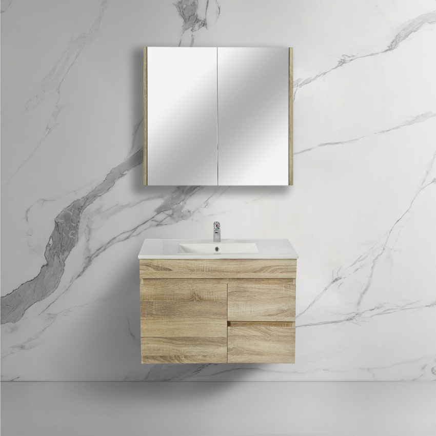 750mm White Oak MDF Bathroom Vanity Right Drawers Wall Hung Cabinet Only