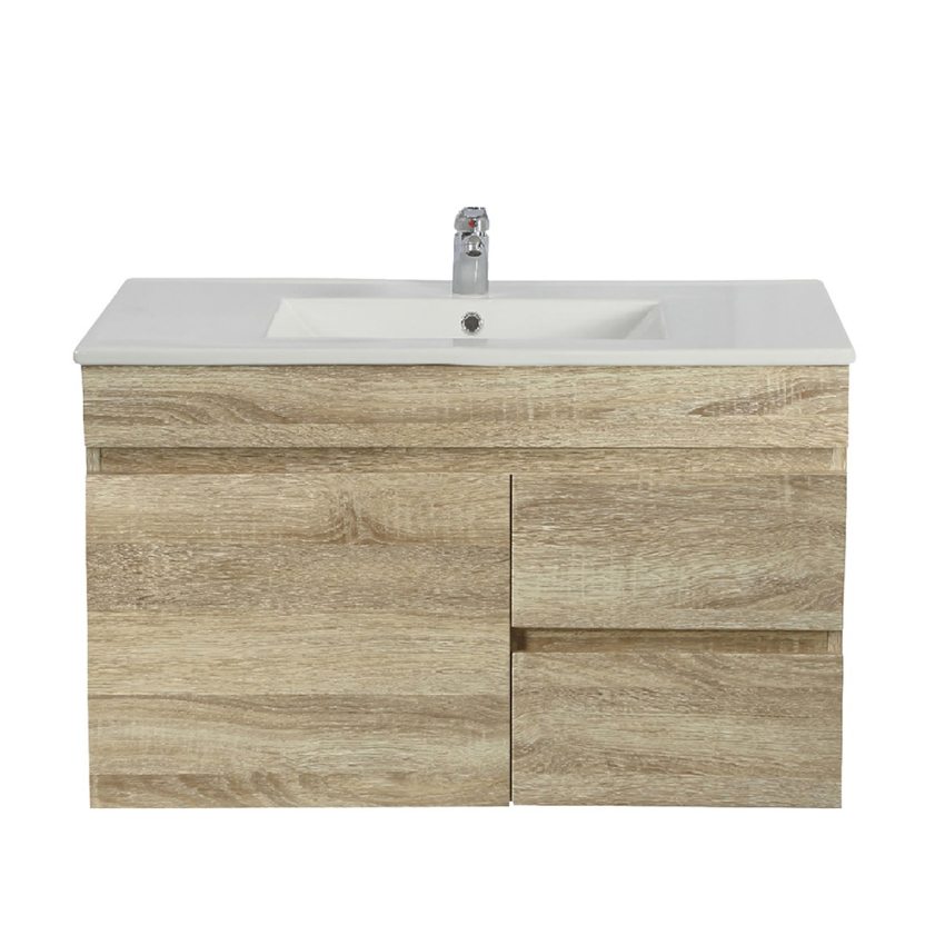 750mm White Oak MDF Bathroom Vanity Right Drawers Wall Hung Cabinet Only