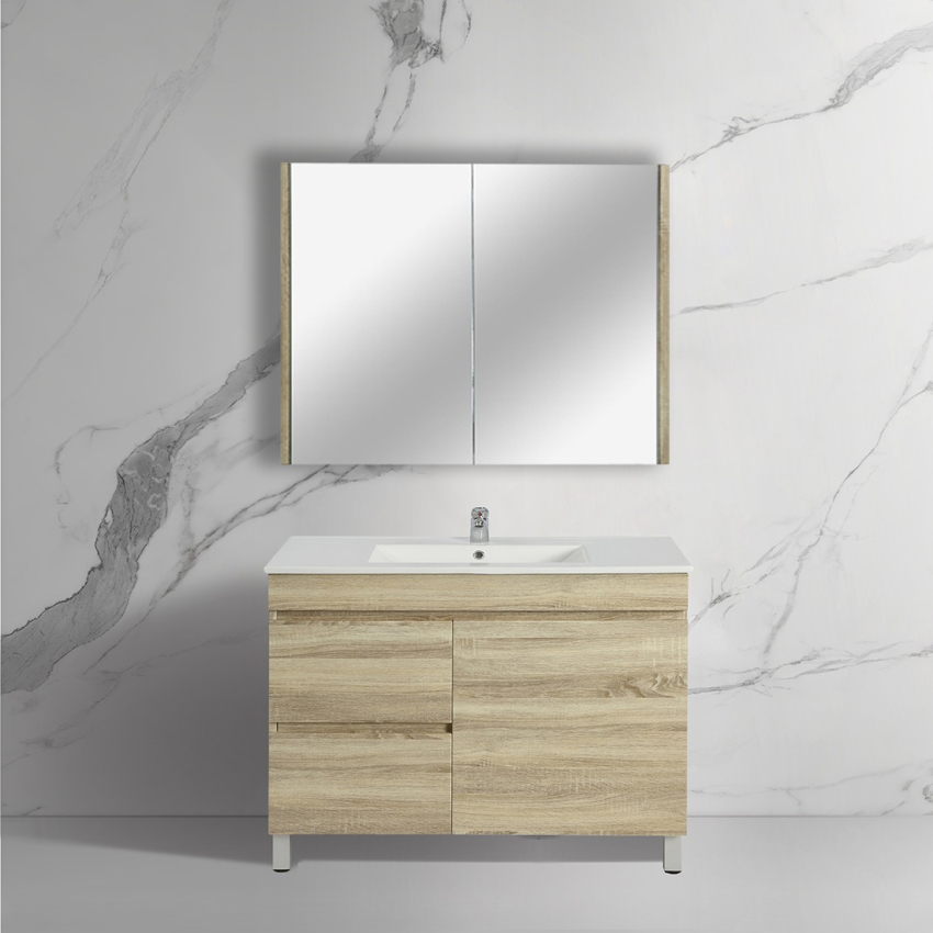 900mm White Oak MDF Bathroom Vanity Left Drawers Free Standing Cabinet Only