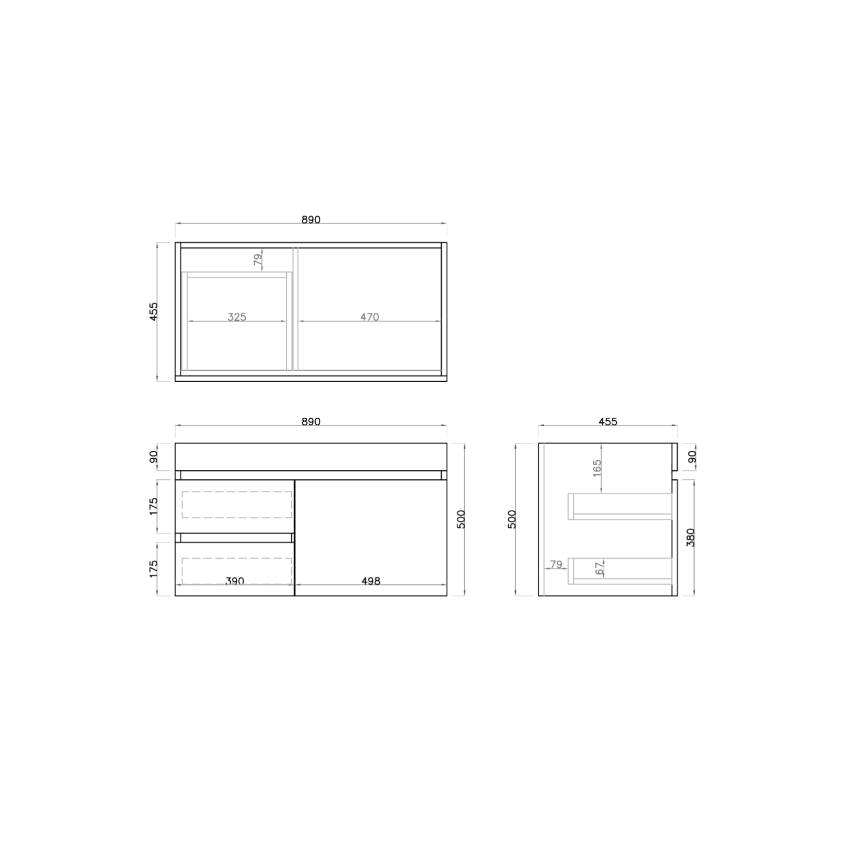 900mm Dark Oak MDF Bathroom Vanity Left Drawers Wall Hung Cabinet Only
