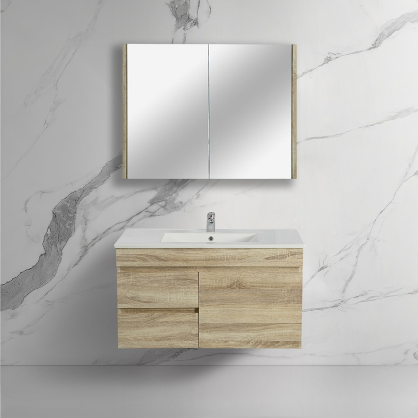 900mm White Oak MDF Bathroom Vanity Left Drawers Wall Hung Cabinet Only