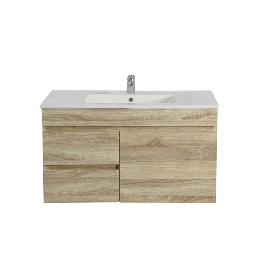900mm White Oak MDF Bathroom Vanity Left Drawers Wall Hung Cabinet Only
