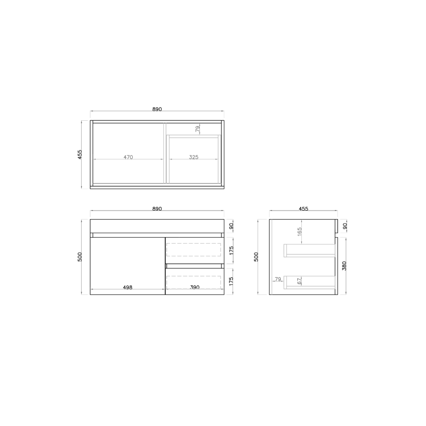 900mm Dark Oak MDF Bathroom Floating Vanity Right Drawers Wall Hung Cabinet Only