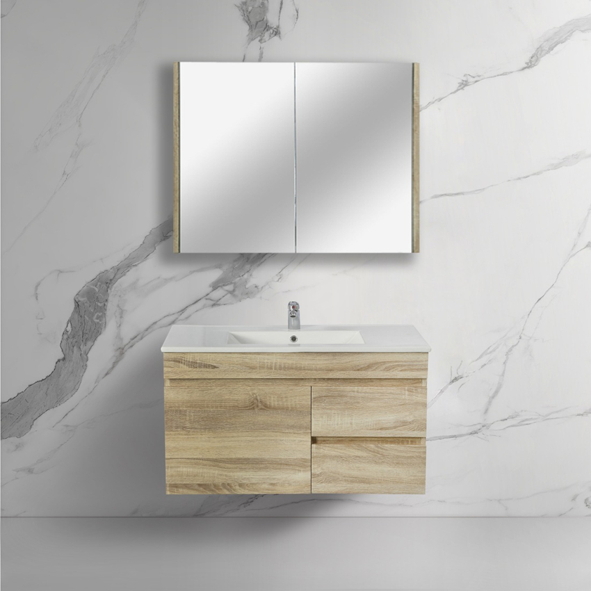 900mm White Oak MDF Bathroom Vanity Right Drawers Wall Hung Cabinet Only