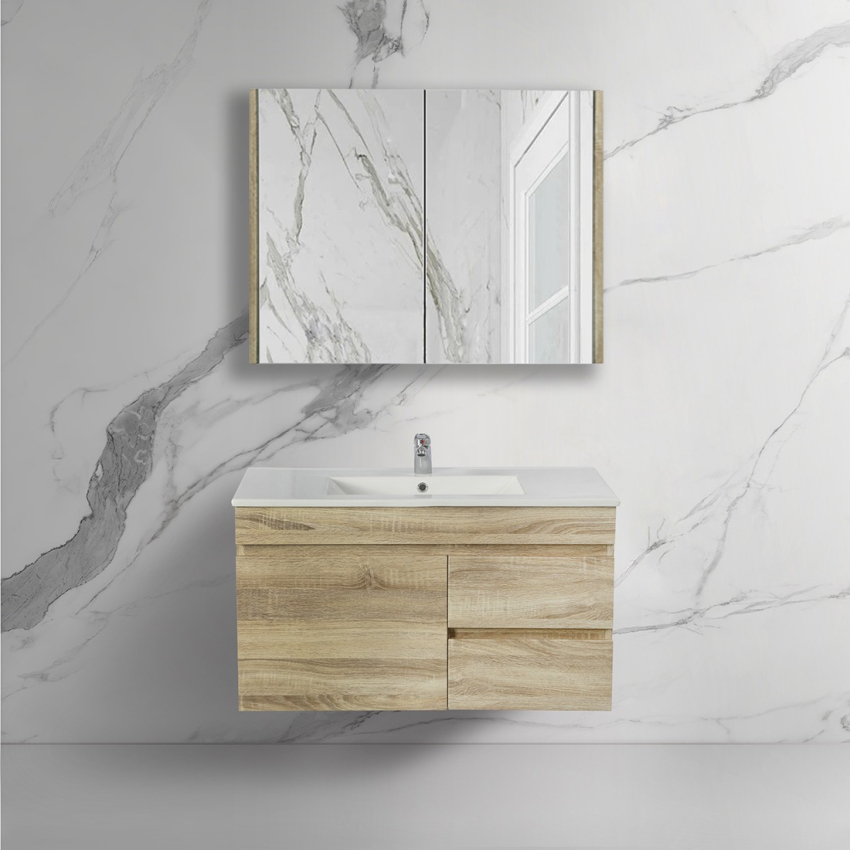 900mm White Oak MDF Bathroom Vanity Right Drawers Wall Hung Cabinet Only